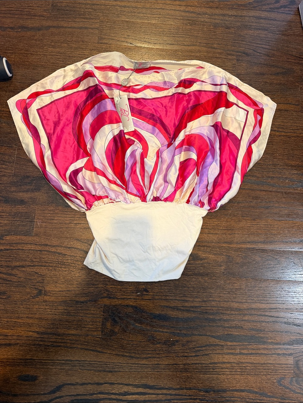 Pink Swirl Batwing Top with Cream Waistband